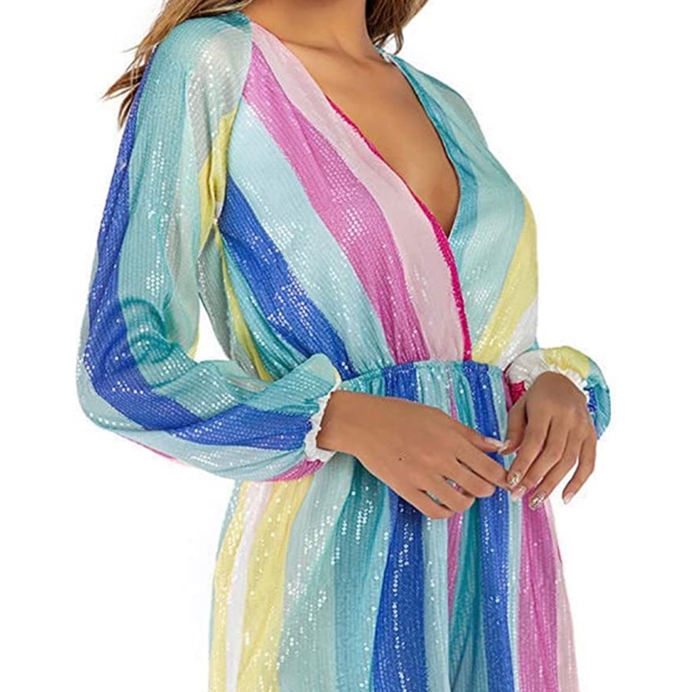 **never been worn** Women V Neck Lantern Sleeve Multicolor Striped Sequin Romper